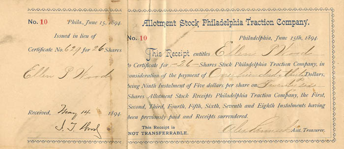 Philadelphia Traction Co. - Stock Receipt Certificate